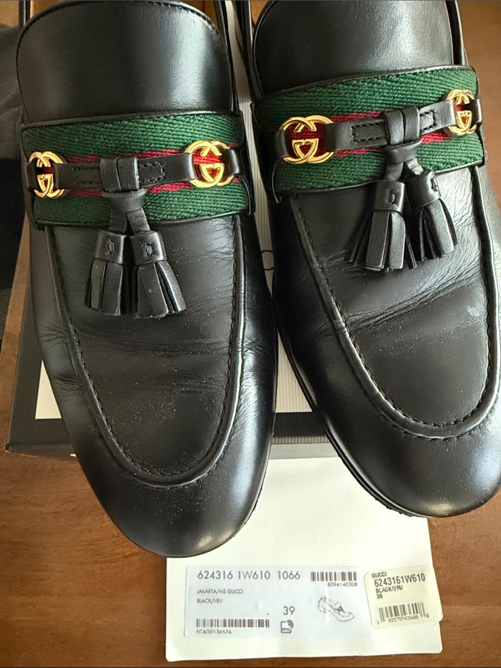 Gucci Black Leather Tassel Loafers with Green-Red Web and Gold Logo - Picture 4 of 5